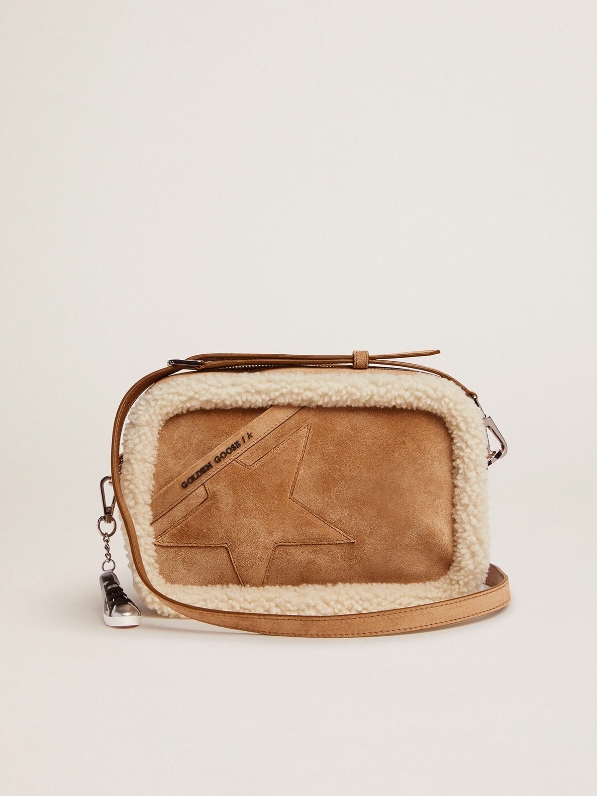 Medium Sally Bag in ash-colored suede with contrasting buckle and shoulder  strap