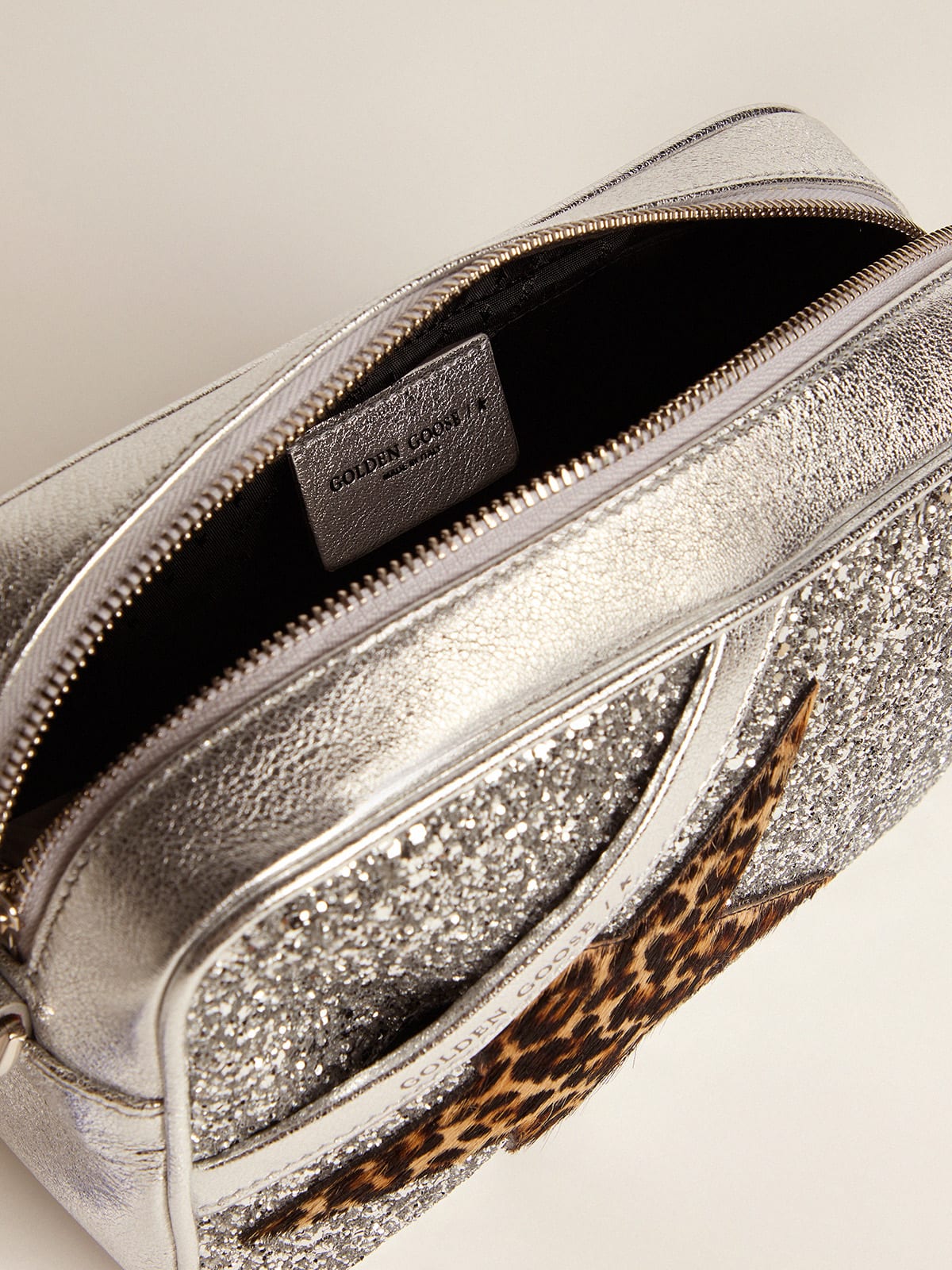 Golden Goose - Star Bag in laminated leather with silver glitter and star in leopard-print pony skin. in 