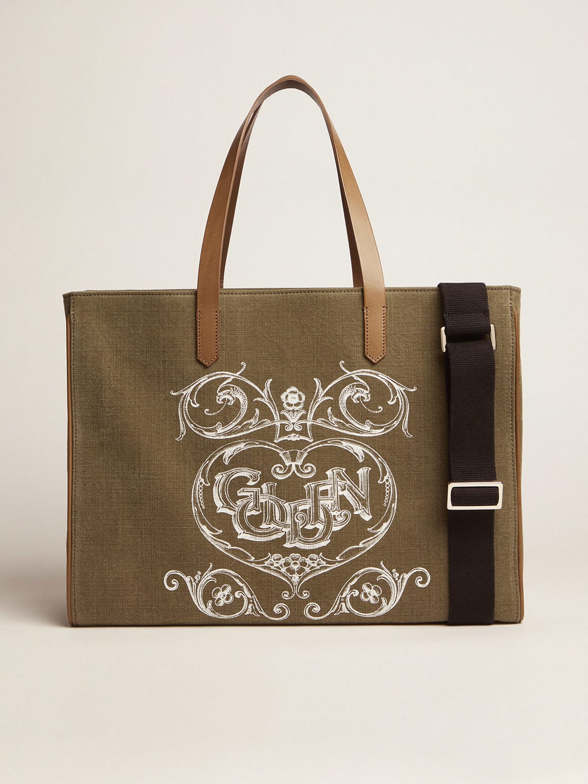 Golden Goose - California Bag in military-green East-West canvas with screen print in 