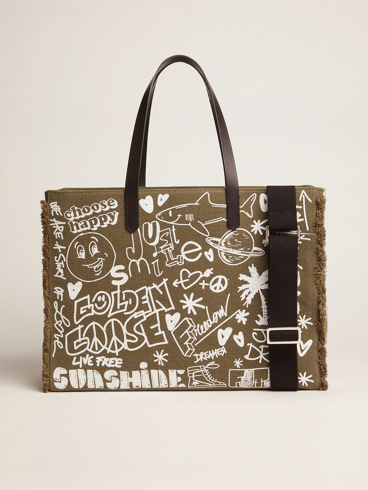 Golden Goose - Borsa California Bag East-West in tela verde militare con graffiti in 