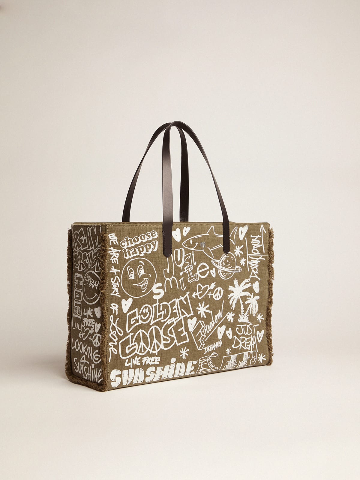 Golden Goose - East-West California Bag in military green canvas with graffiti in 