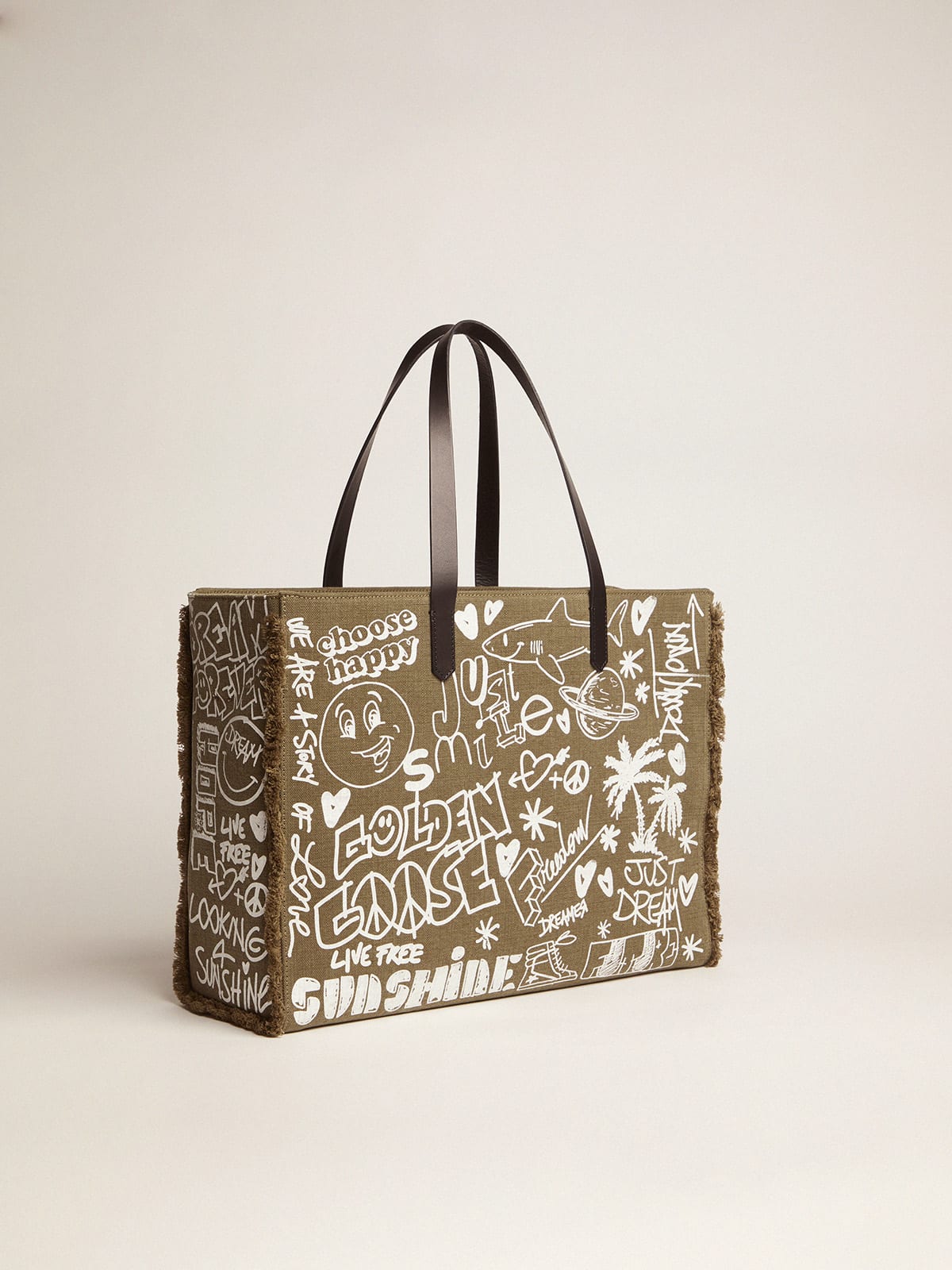 Golden Goose - Borsa California Bag East-West in tela verde militare con graffiti in 