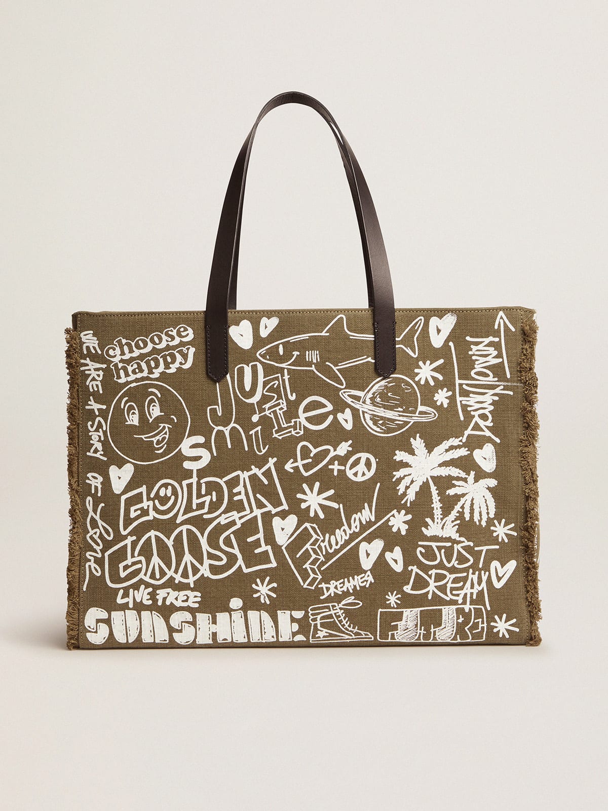 Golden Goose - Sac California Bag East-West en toile vert militaire avec graffiti in 