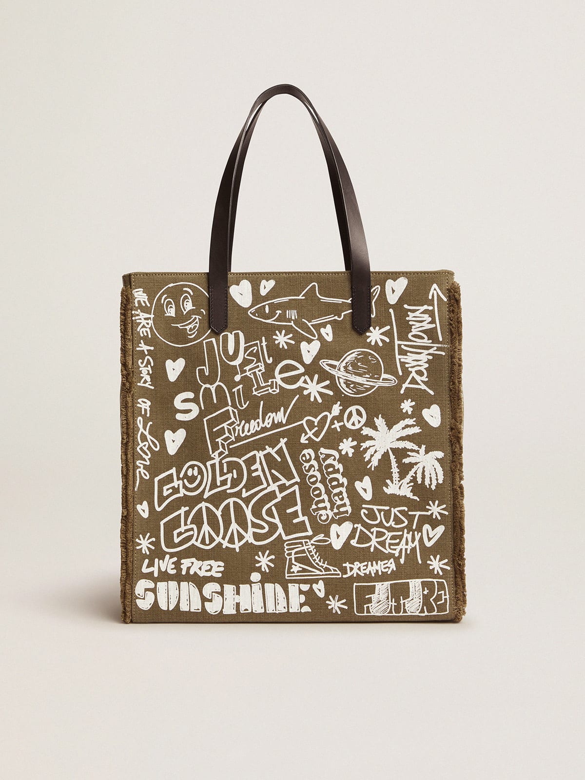 Golden Goose - North-South California Bag in military green canvas with graffiti in 