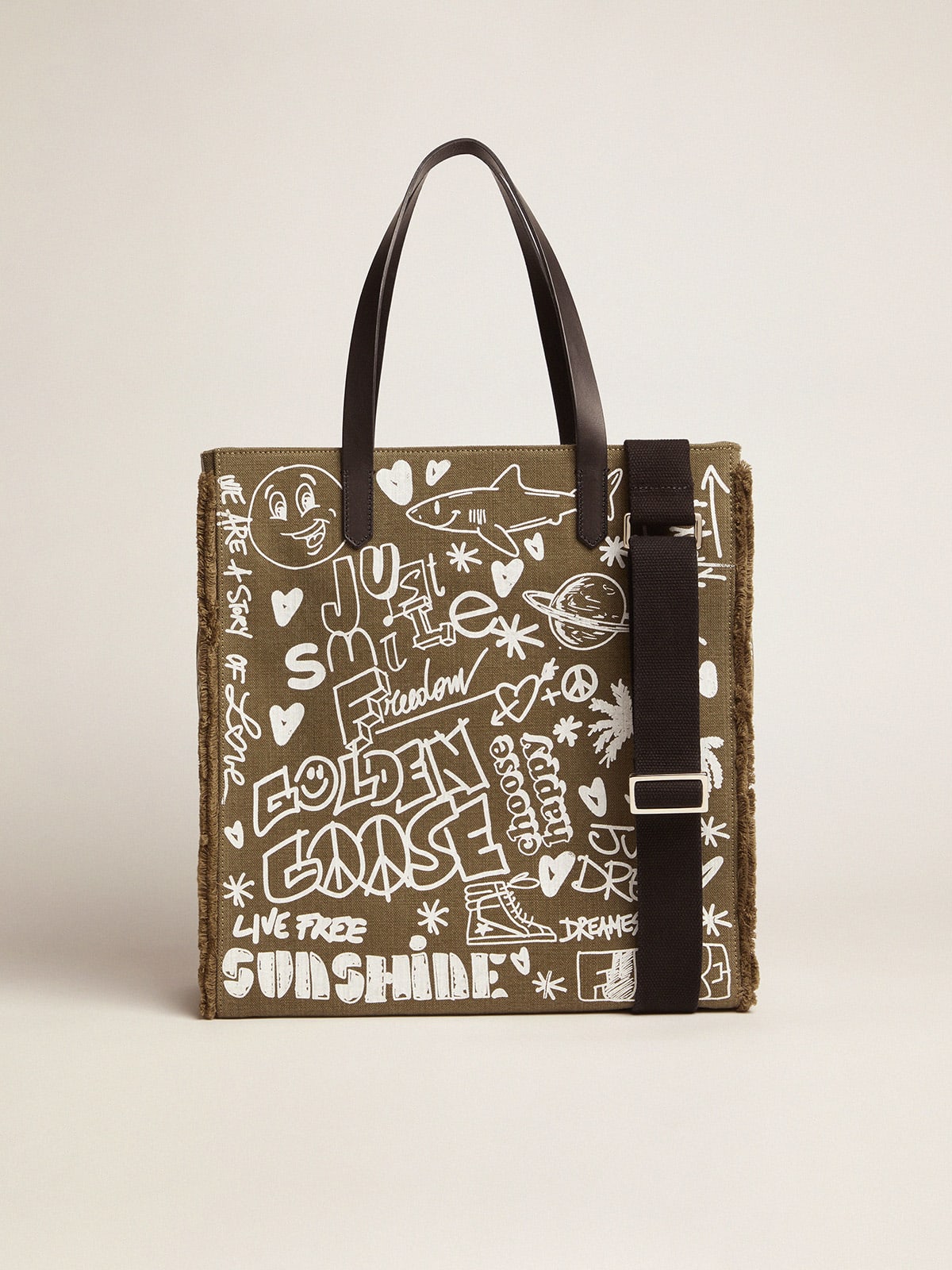 Golden Goose - North-South California Bag in military green canvas with graffiti in 