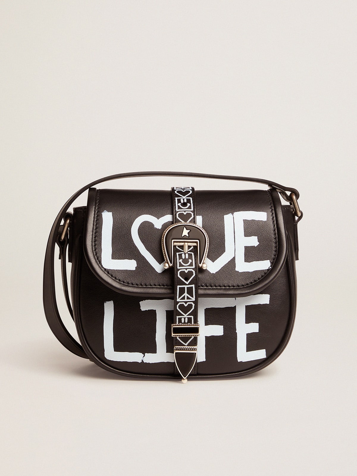 Golden Goose - Borsa Rodeo Bag small nera in pelle con stampa serigrafata 'Love Life' in 