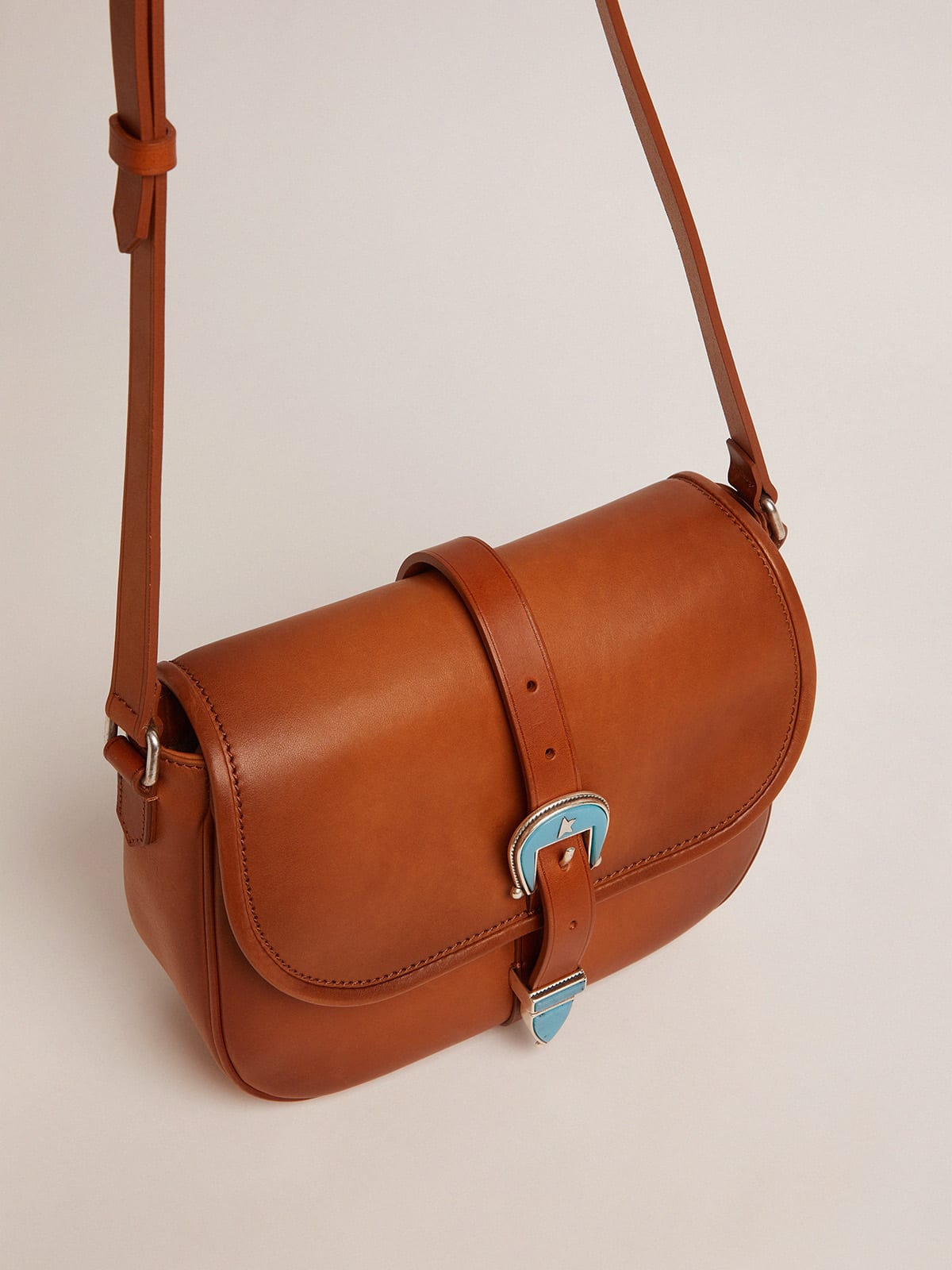 Golden Goose - Medium Rodeo Bag in tan-colored leather with light blue details in 