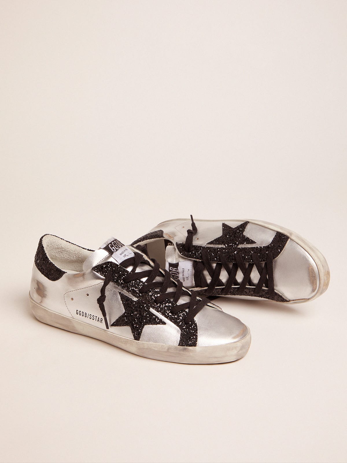 Golden Goose - Women's Super-Star with Silver Sparkle Foxing and Metal Stud Lettering, Woman, Size: 38