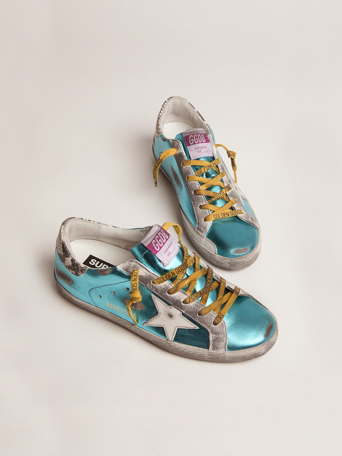 Golden Goose - Turquoise green laminated Super-Star LTD sneakers with snake-print heel tab in 