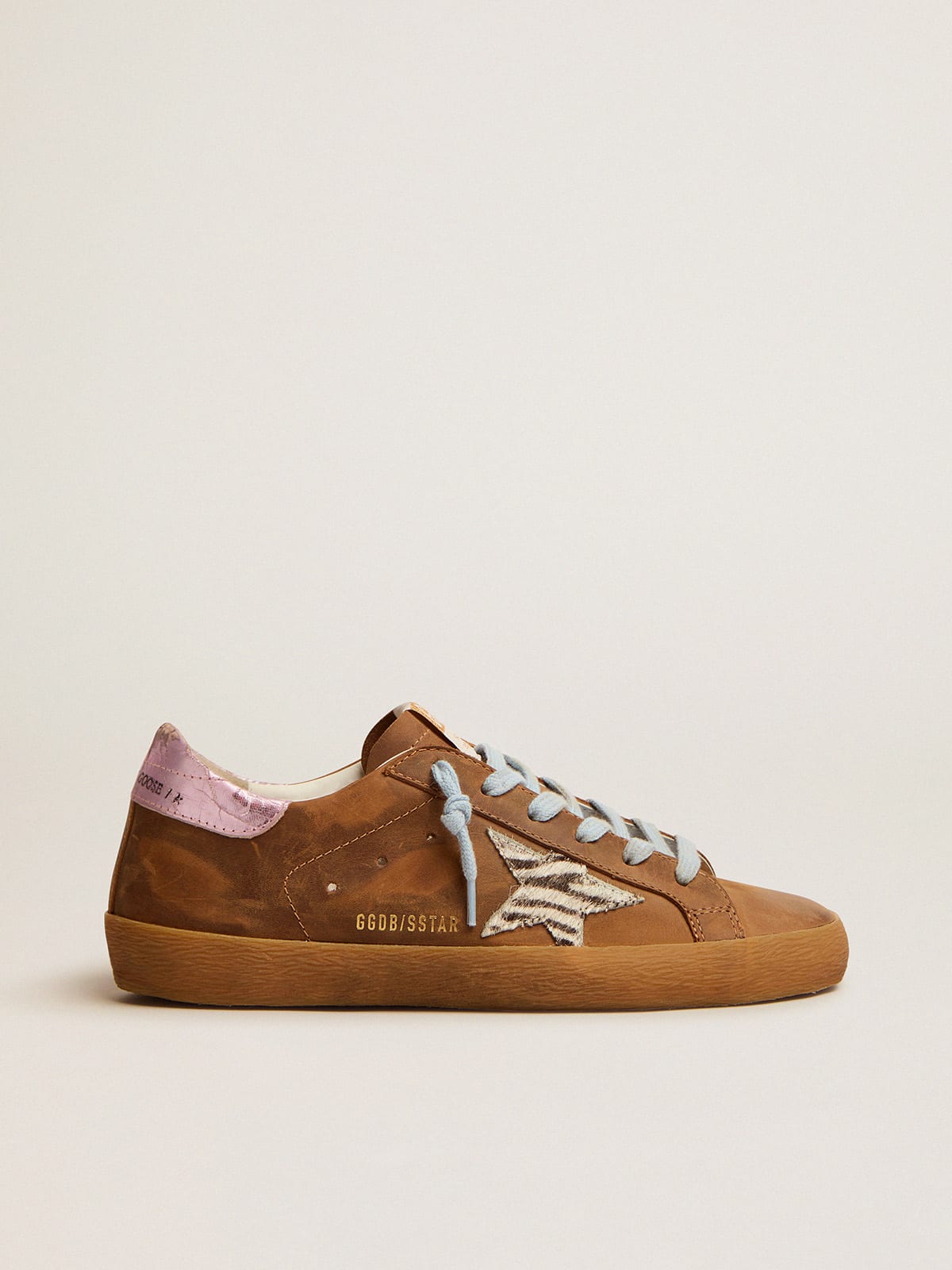 Super-Star sneakers in brown waxed suede with a zebra-print pony skin star  | Golden Goose