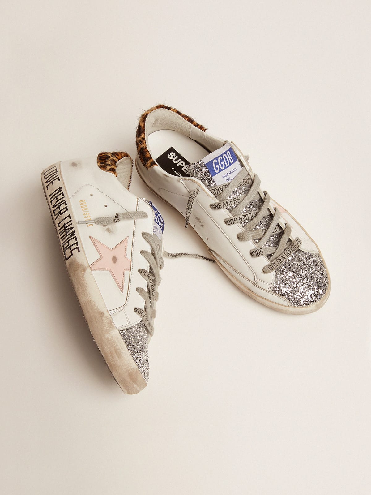 Super-Star sneakers with silver glitter tongue and handwritten lettering |  Golden Goose
