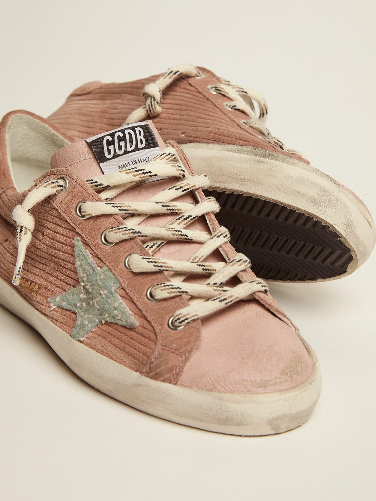 Super-Star sneakers in peach-pink suede with corduroy print and bouclé star  | Golden Goose