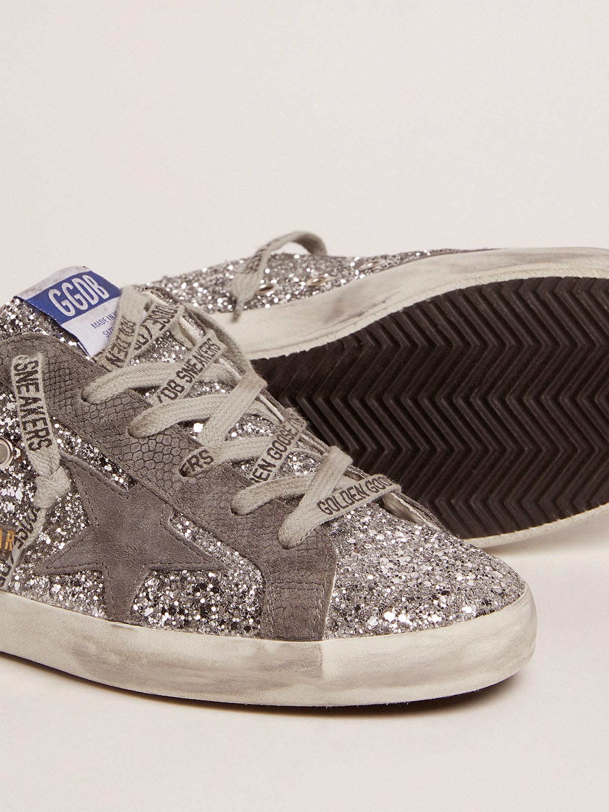 Super-Star sneakers in silver glitter and dark gray suede | Golden Goose