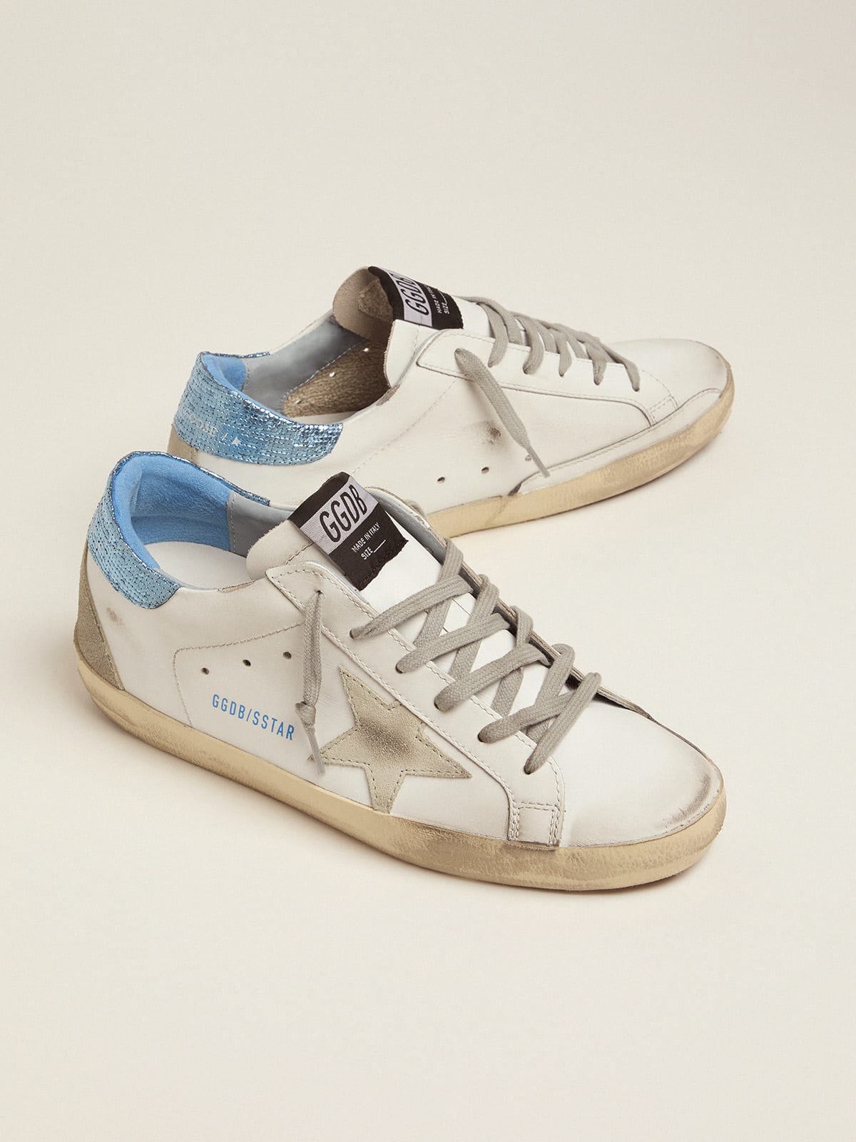 White Super-Star LTD sneakers with blue laminated heel tab