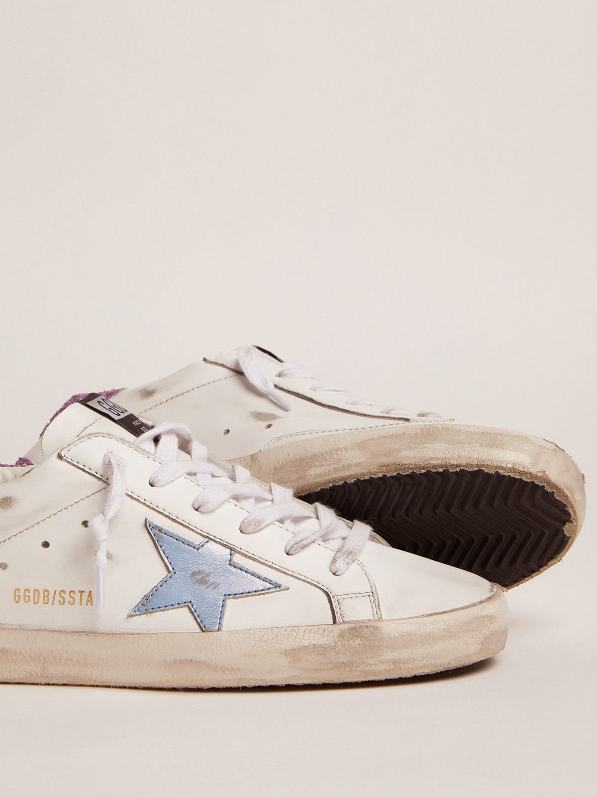 Super-Star sneakers with lavender glitter heel tab and light blue star |  Golden Goose