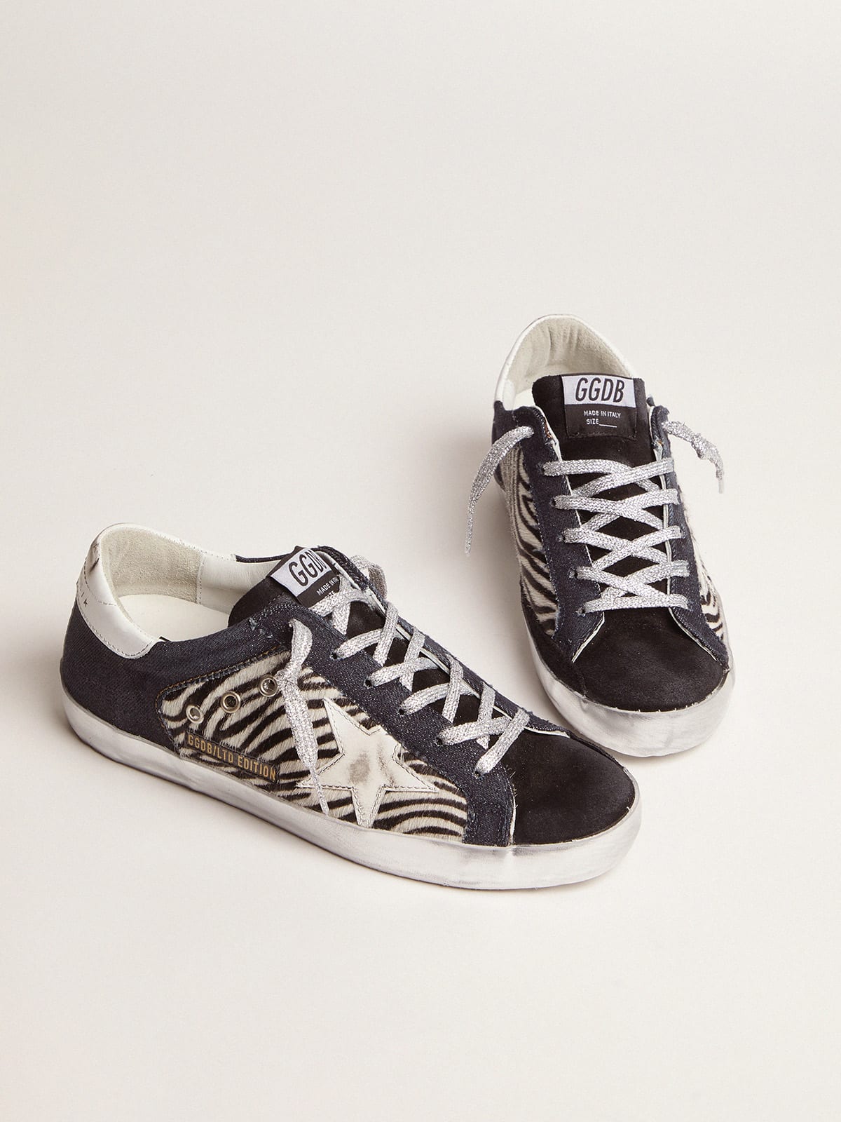 LAB Limited Edition Super-Star sneakers in denim, zebra-print pony skin and  suede | Golden Goose