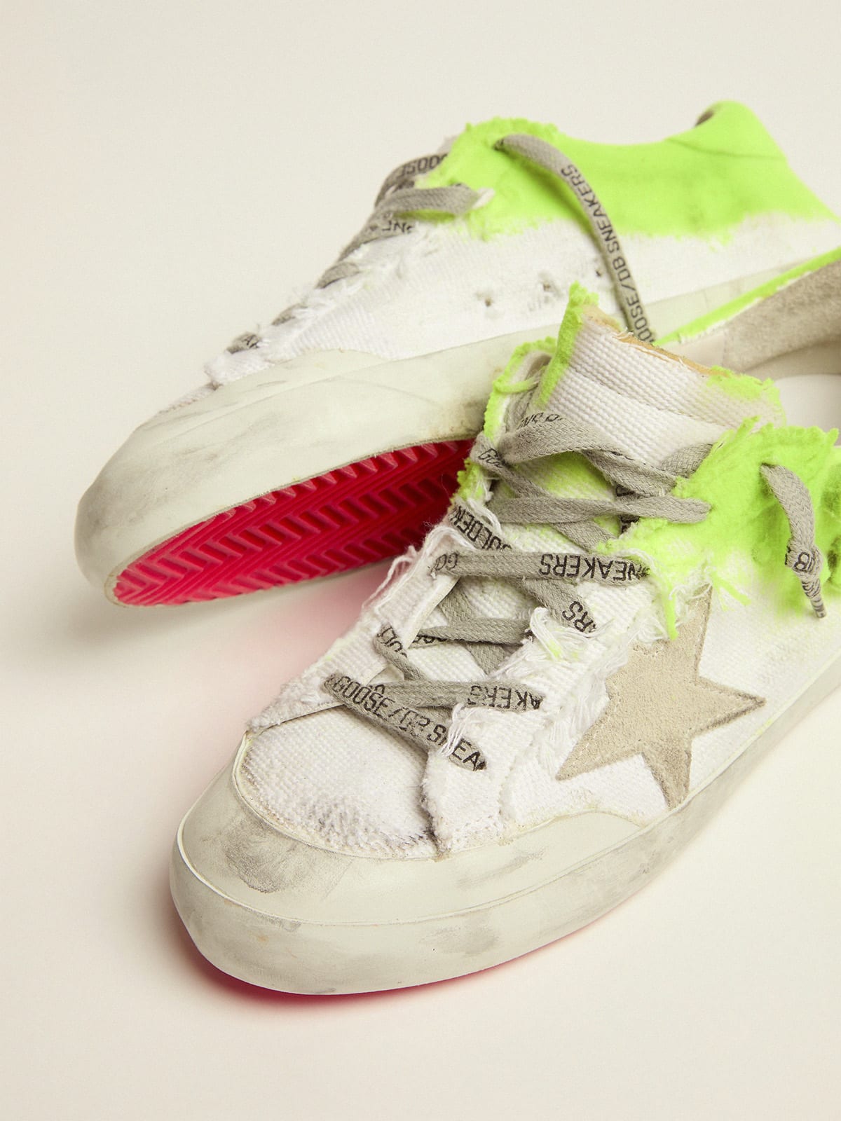 Super-Star in white canvas with crystals and fluorescent yellow flock paint  | Golden Goose