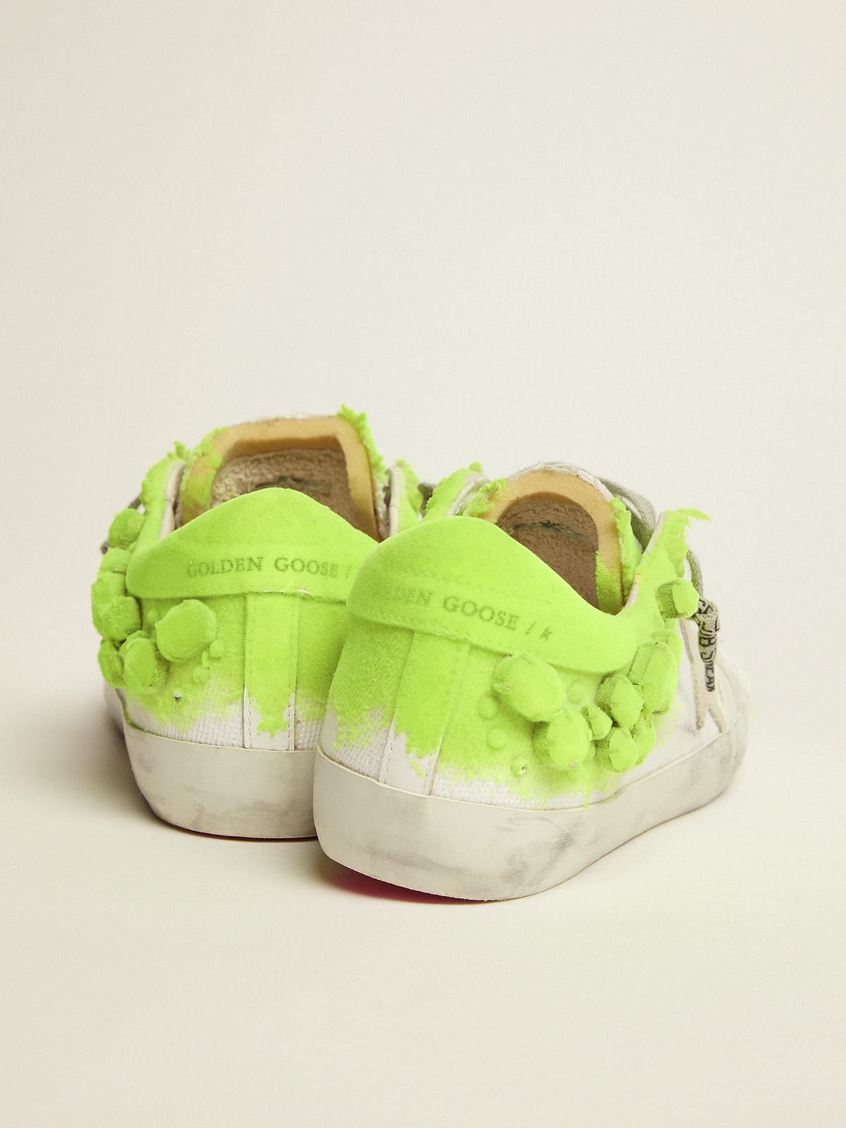 Super-Star in white canvas with crystals and fluorescent yellow flock paint  | Golden Goose