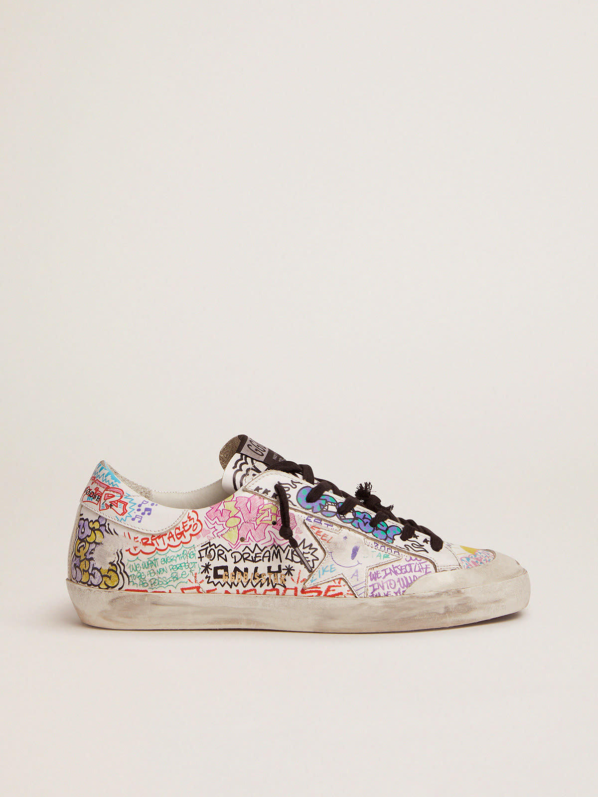 Super-Star sneakers in white leather with multicolored graffiti print