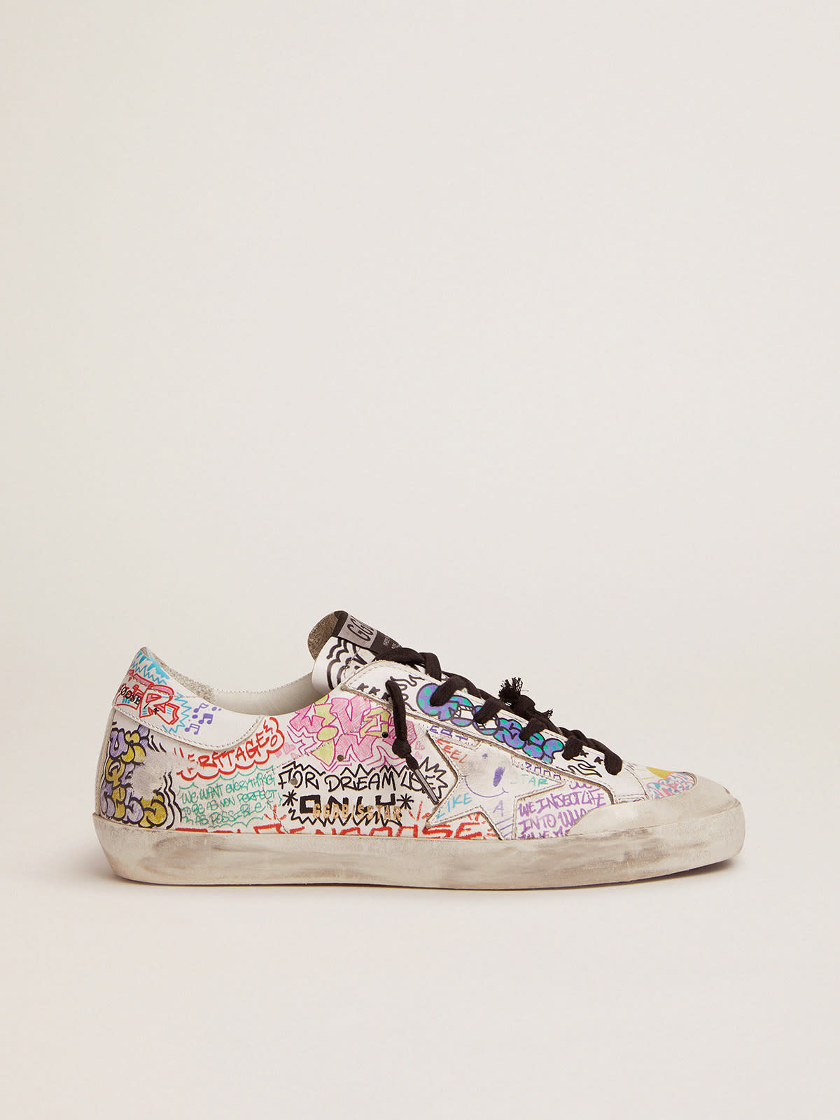 Super-Star sneakers in white leather with multicolored graffiti print |  Golden Goose