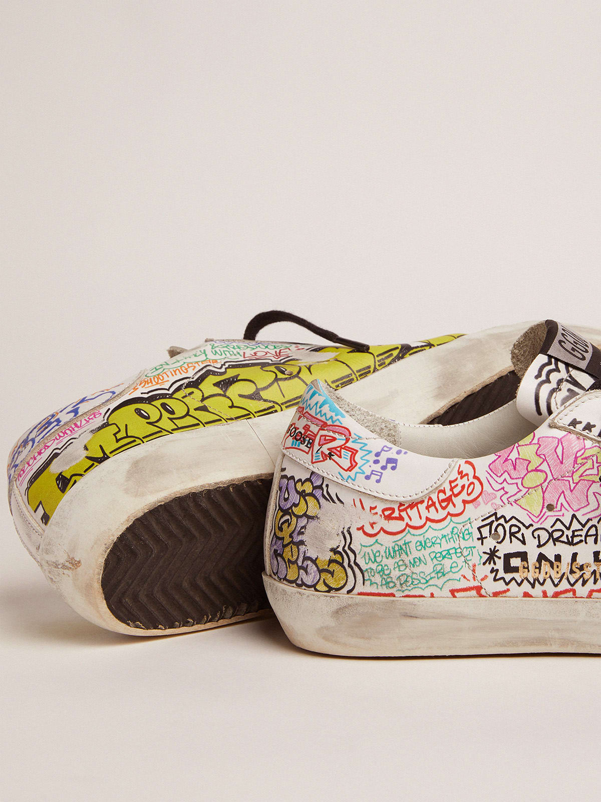 Super-Star sneakers in white leather with multicolored graffiti print |  Golden Goose