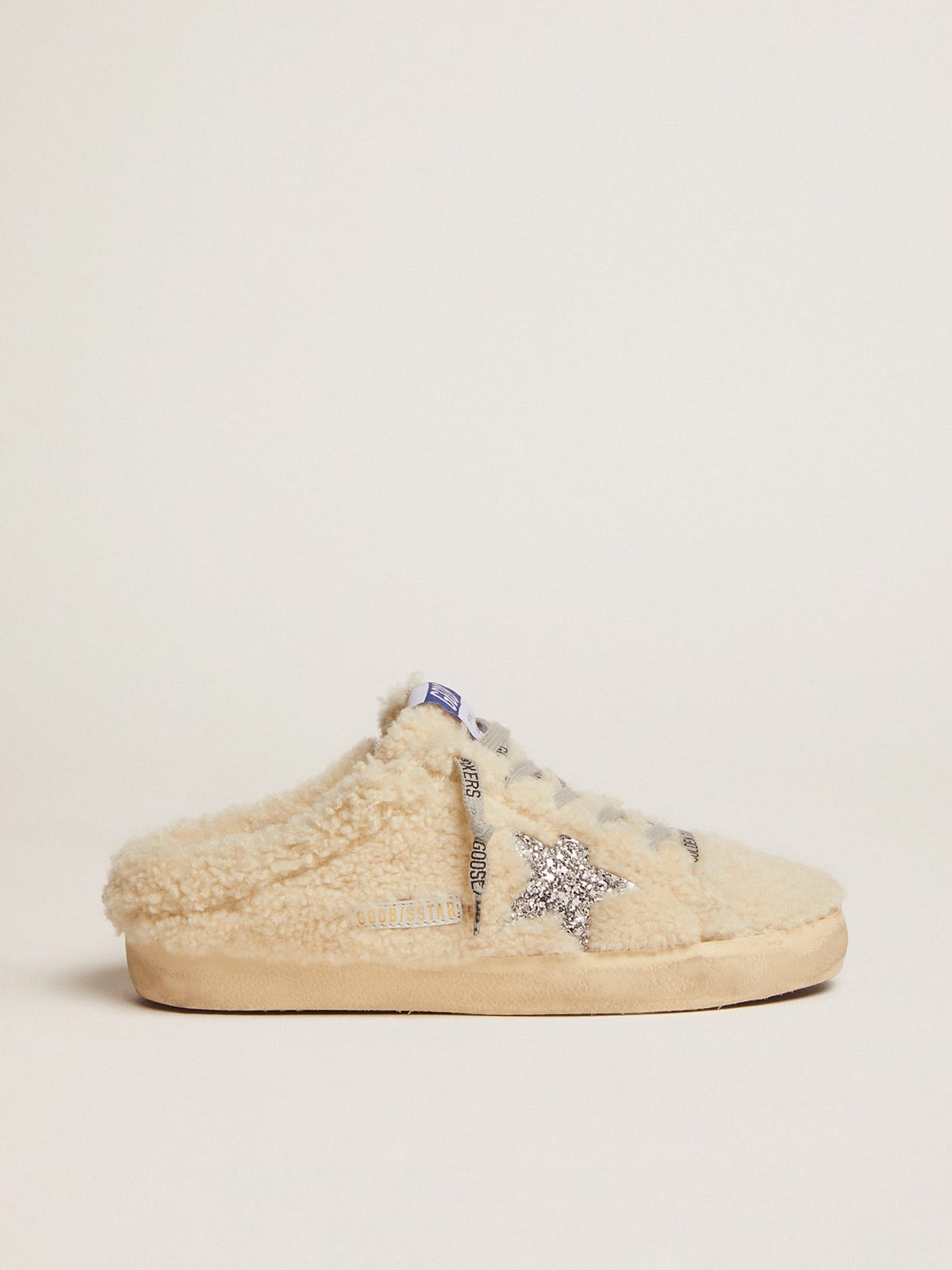 Women\'s Super-Star Sabot in white shearling and glitter star | Golden Goose