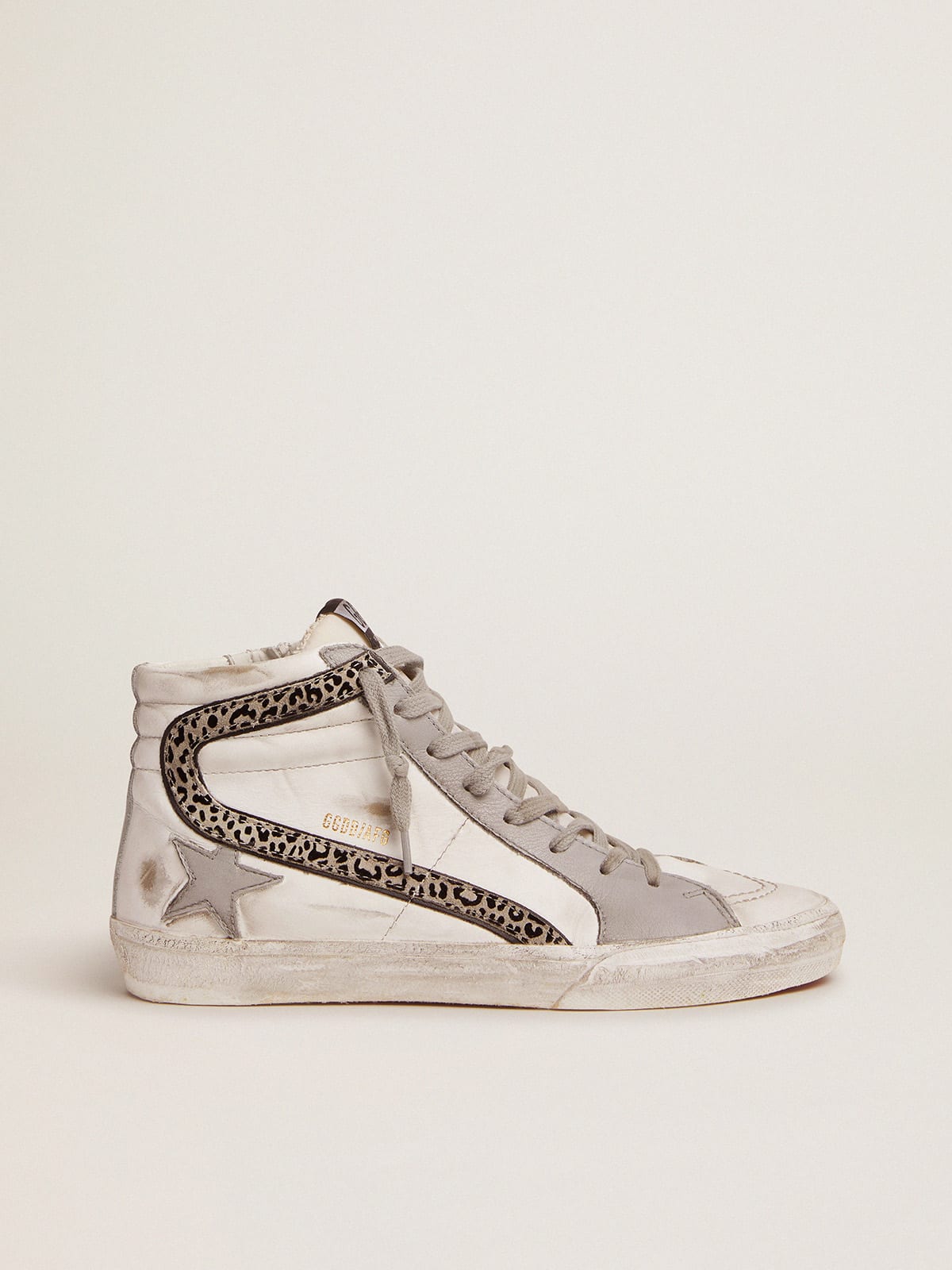 Slide sneakers with white and gray leather upper and leopard-print suede  flash | Golden Goose