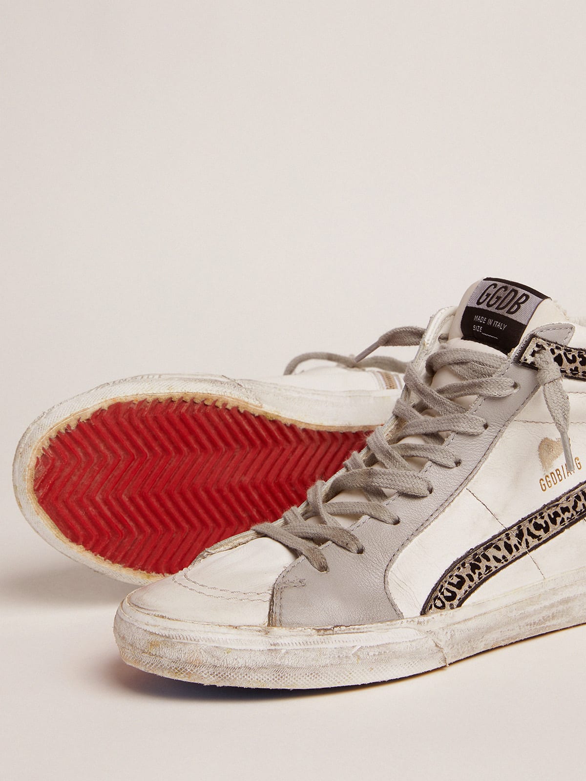 Slide sneakers with white and gray leather upper and leopard-print suede  flash | Golden Goose