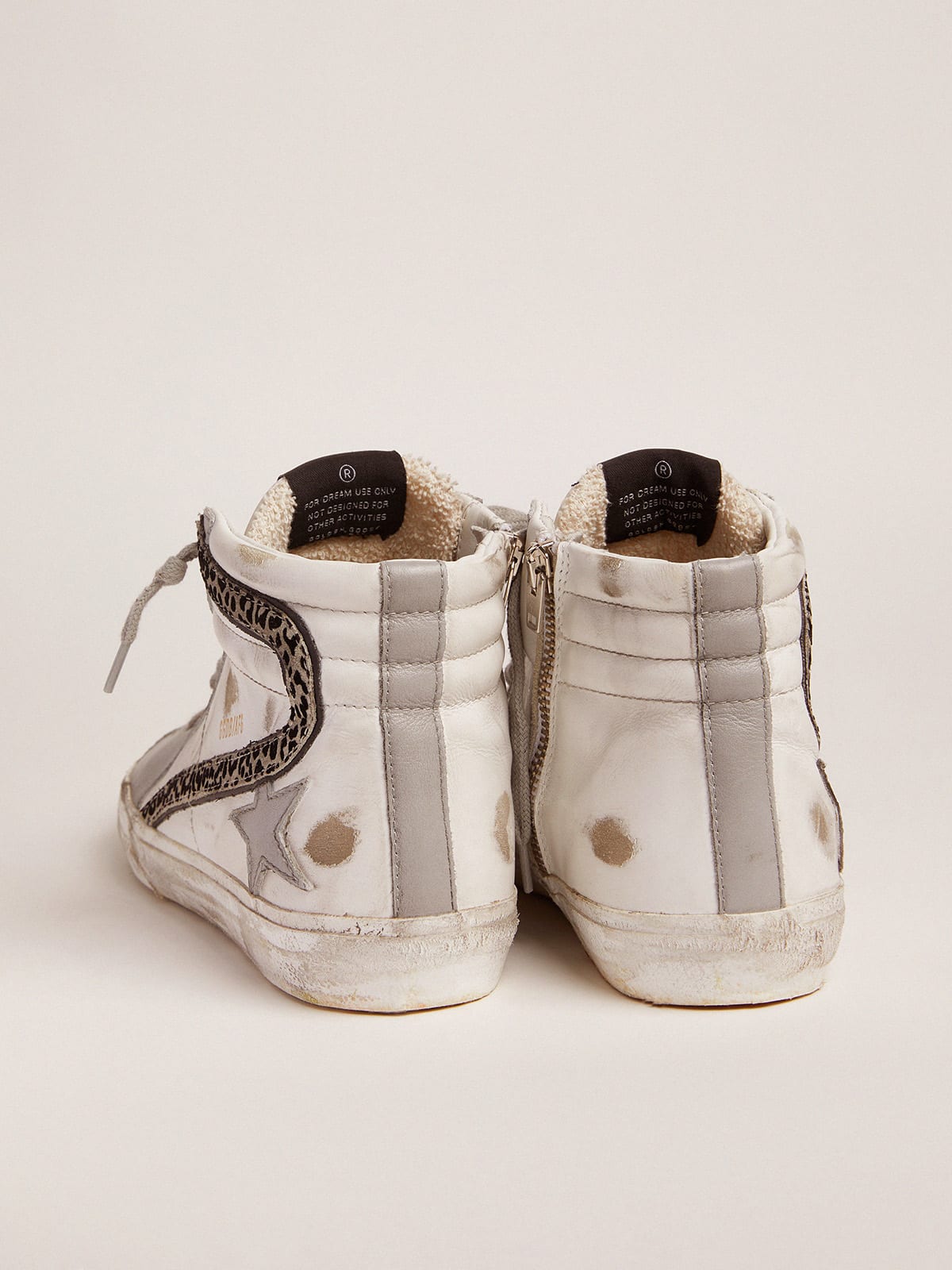 Slide sneakers with white and gray leather upper and leopard-print suede  flash | Golden Goose
