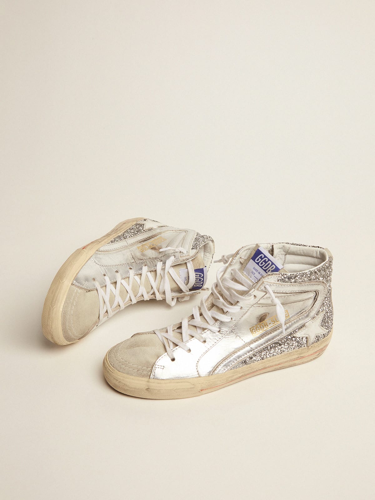 Golden Goose - Women's Slide with laminated leather upper and silver glitter in 