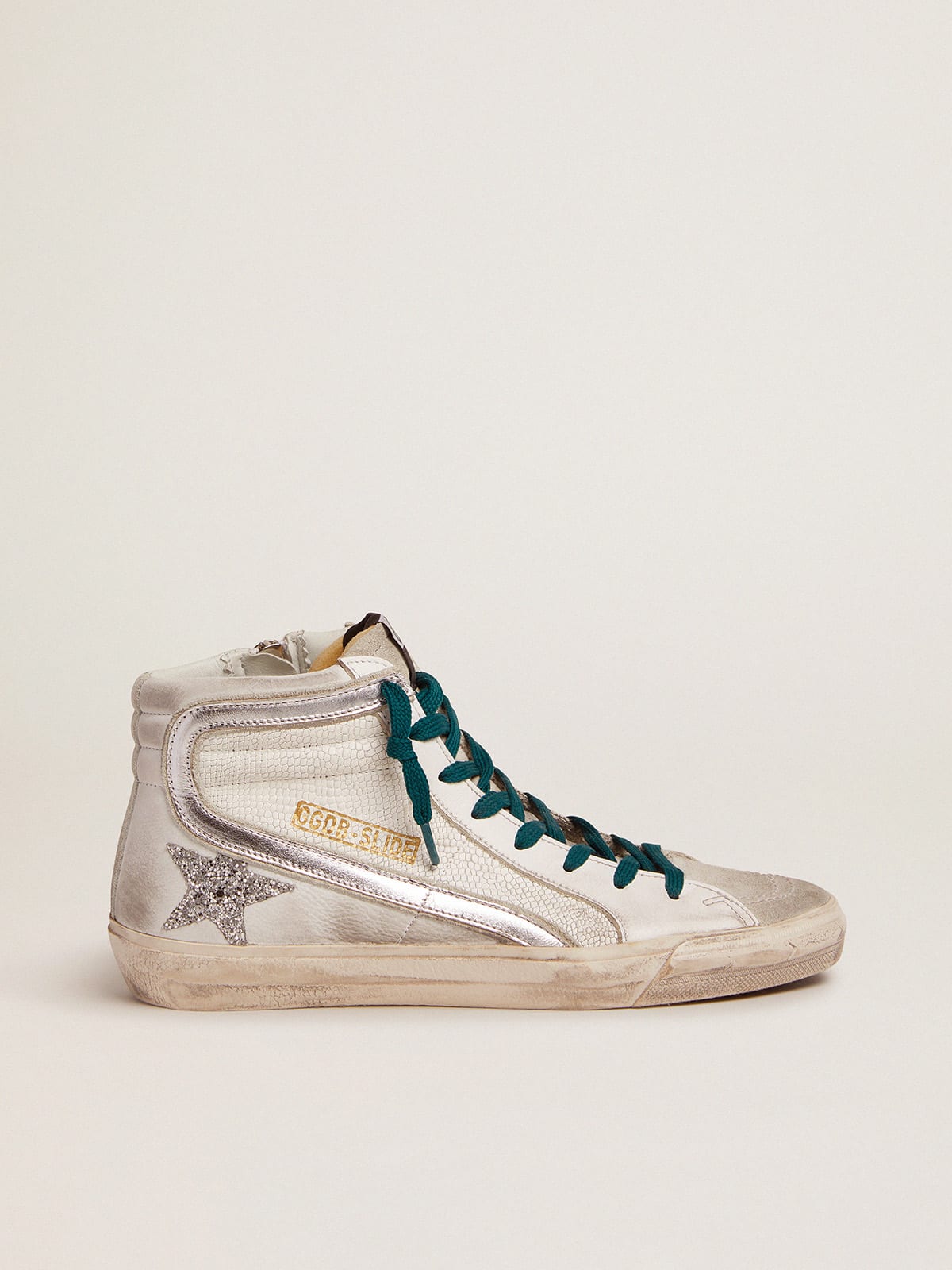 Slide sneakers with snake-print leather upper and glitter star | Golden  Goose