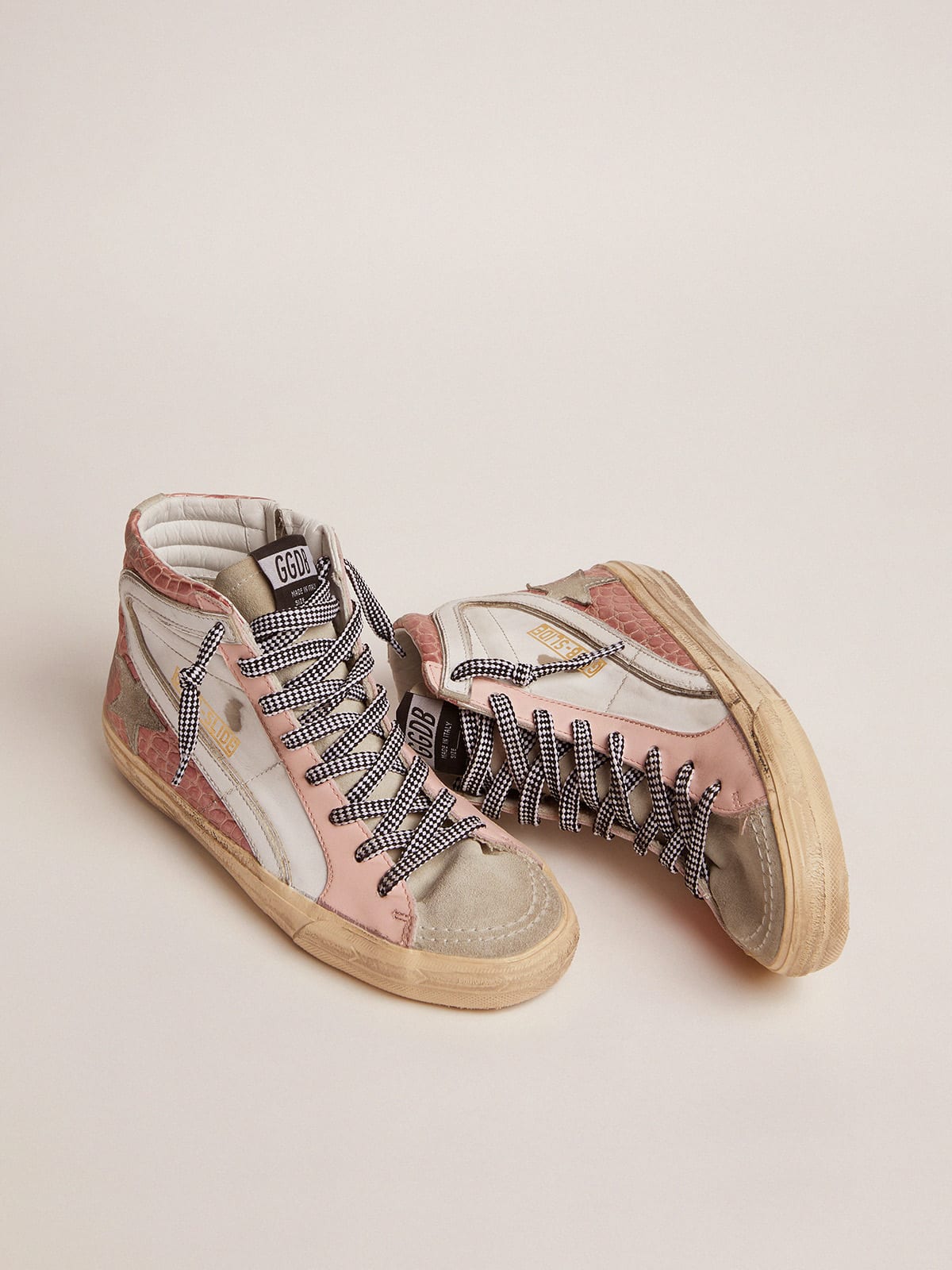 Slide sneakers with white leather and pink crocodile-print leather upper |  Golden Goose