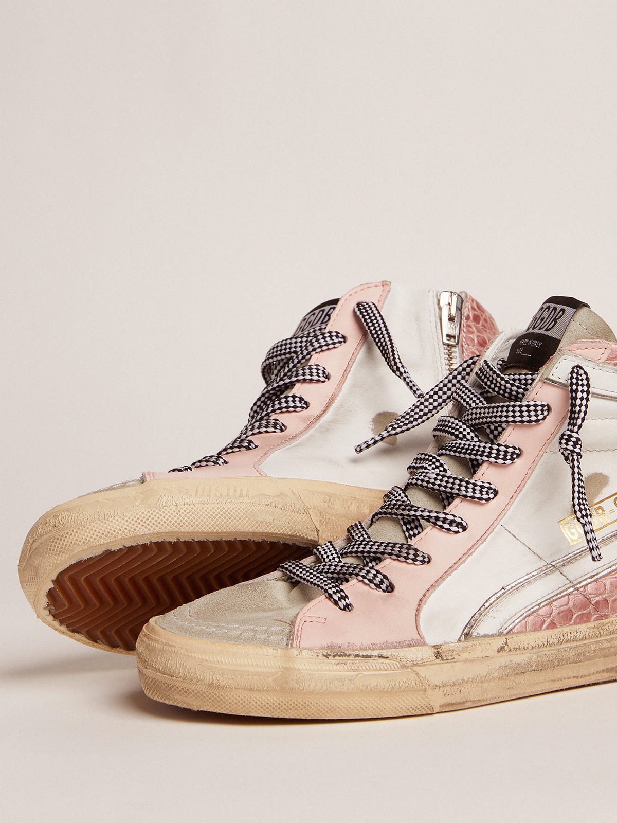 Slide sneakers with white leather and pink crocodile-print leather upper |  Golden Goose