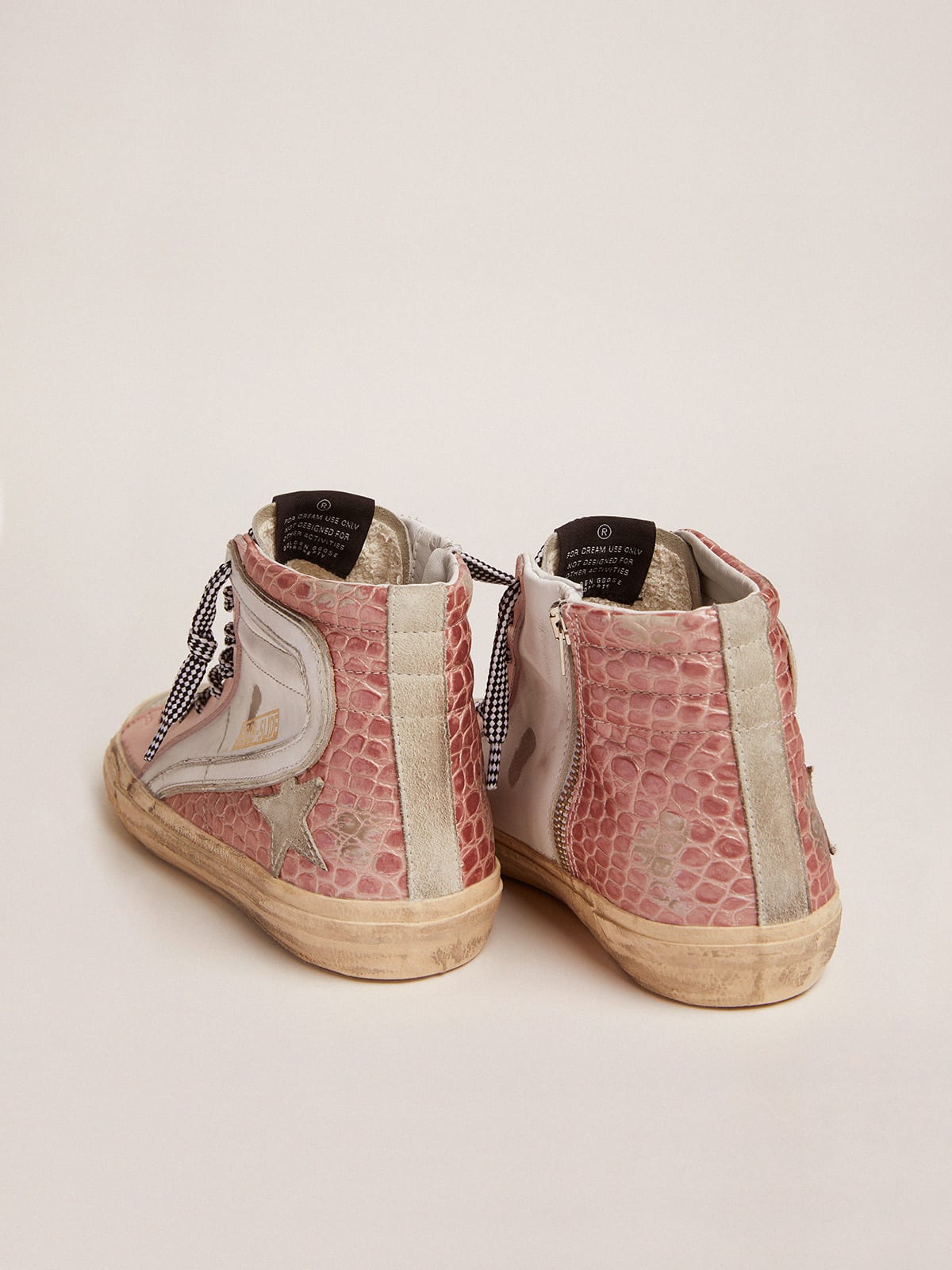 Slide sneakers with white leather and pink crocodile-print leather upper |  Golden Goose