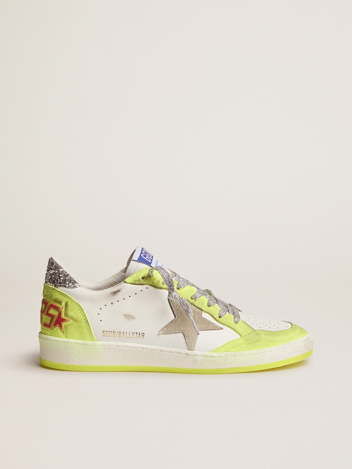 White Ball Star sneakers with fluorescent yellow inserts and glitter |  Golden Goose