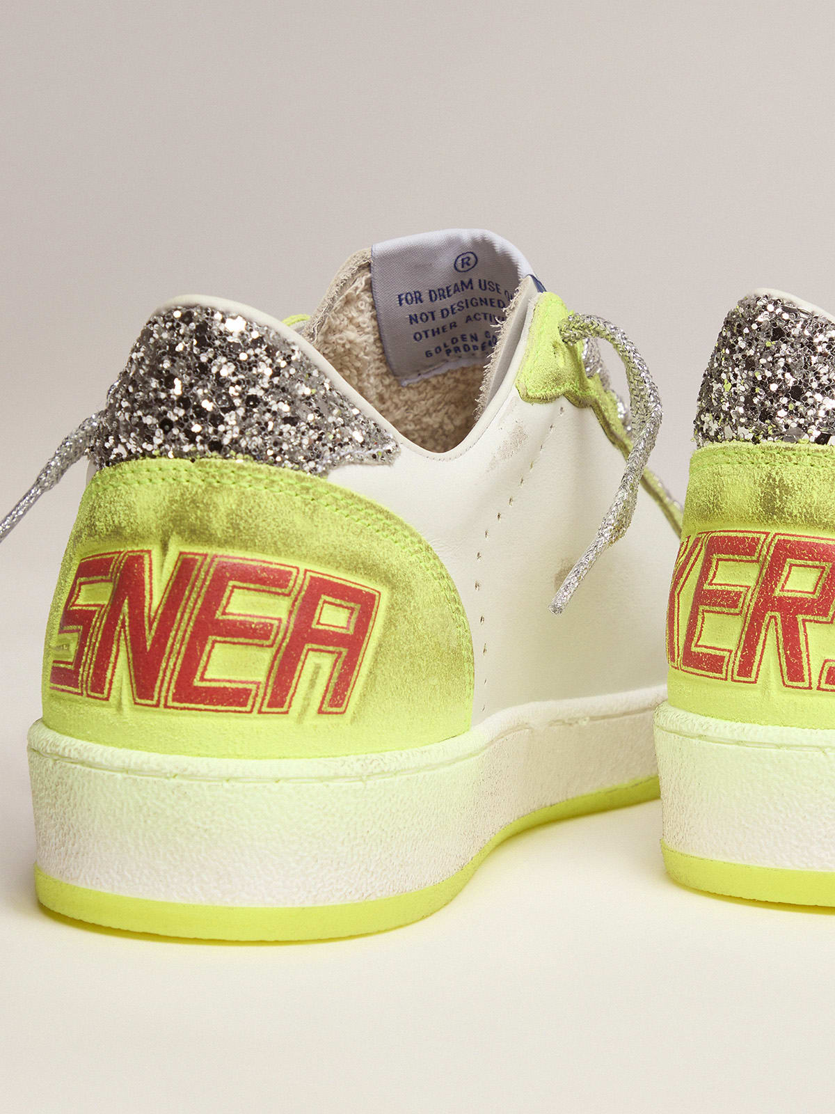 White Ball Star sneakers with fluorescent yellow inserts and glitter |  Golden Goose