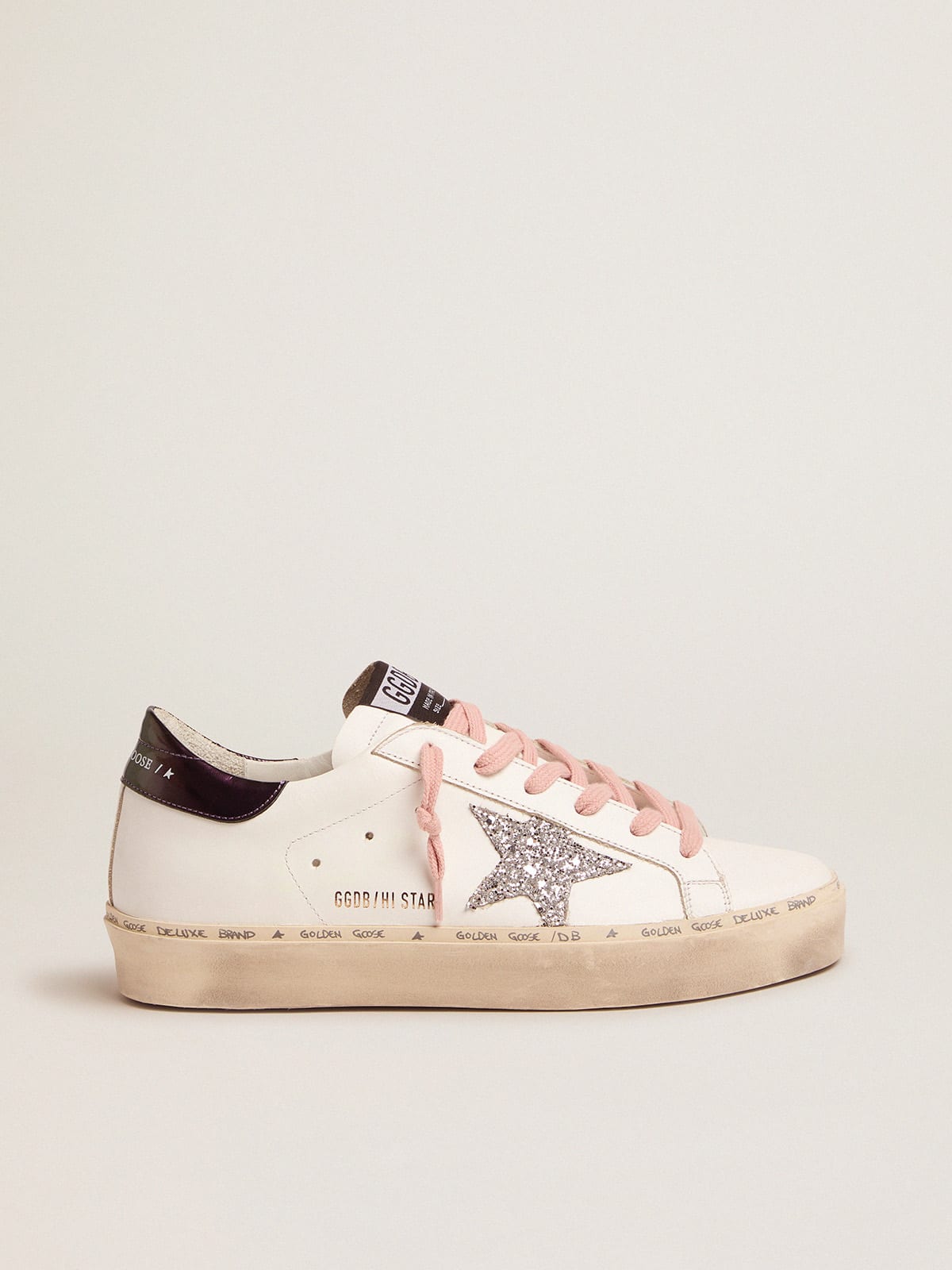 White Hi-Star sneakers with glittery star and pink laces | Golden Goose