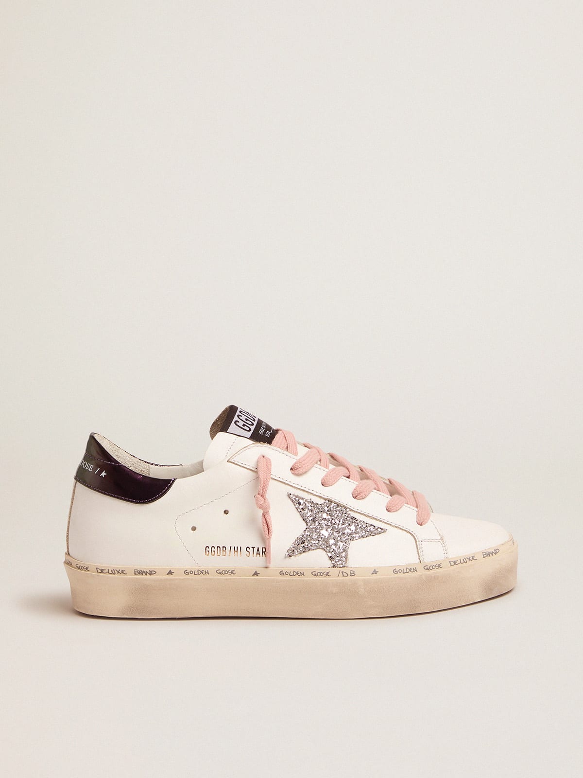 White Hi Star sneakers with glittery star and pink laces