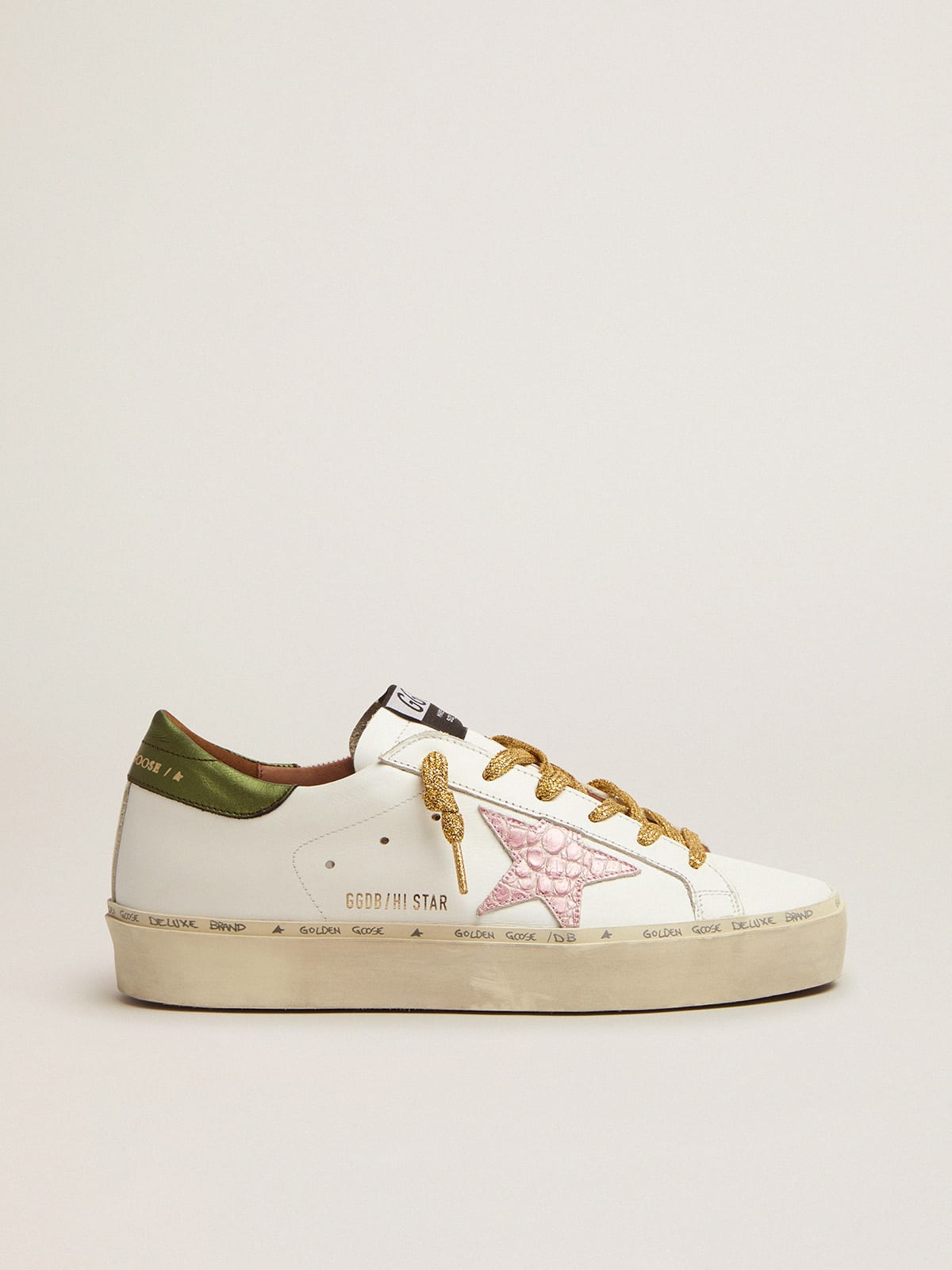 Hi Star sneakers with green heel tab and pink crocodile-print leather star