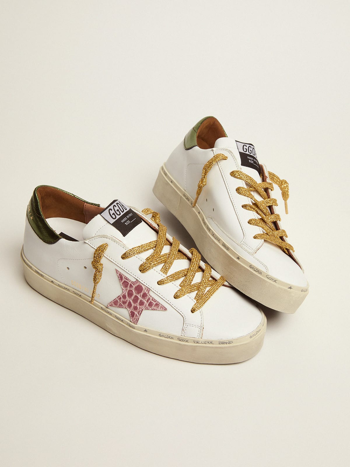 Hi Star sneakers with green heel tab and pink crocodile-print leather star  | Golden Goose