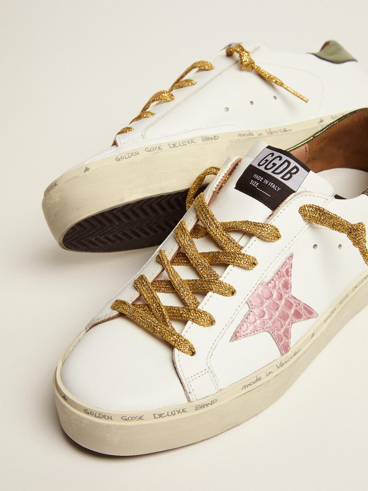 Hi Star sneakers with green heel tab and pink crocodile-print leather star  | Golden Goose