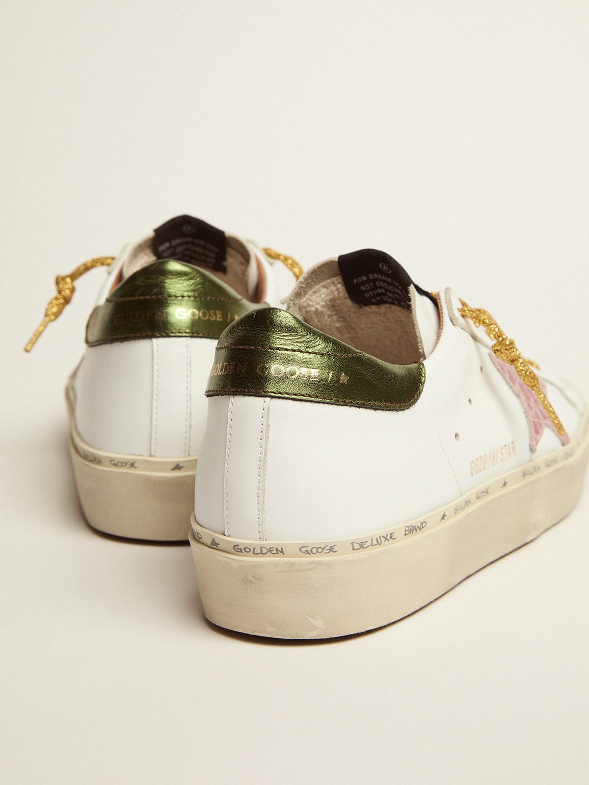 Hi Star sneakers with green heel tab and pink crocodile-print leather star  | Golden Goose