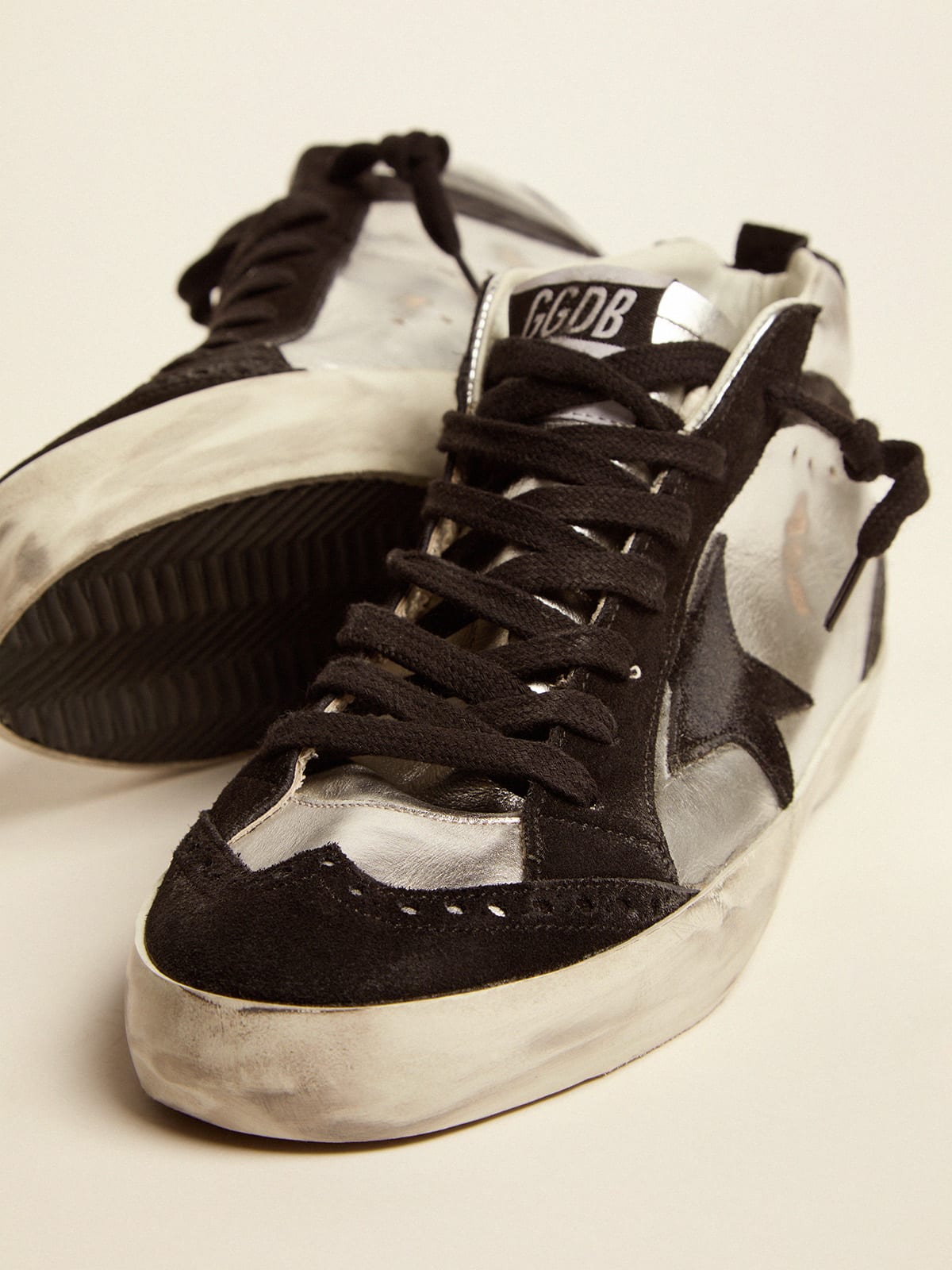 Mid Star LTD sneakers in silver laminated leather and black suede | Golden  Goose
