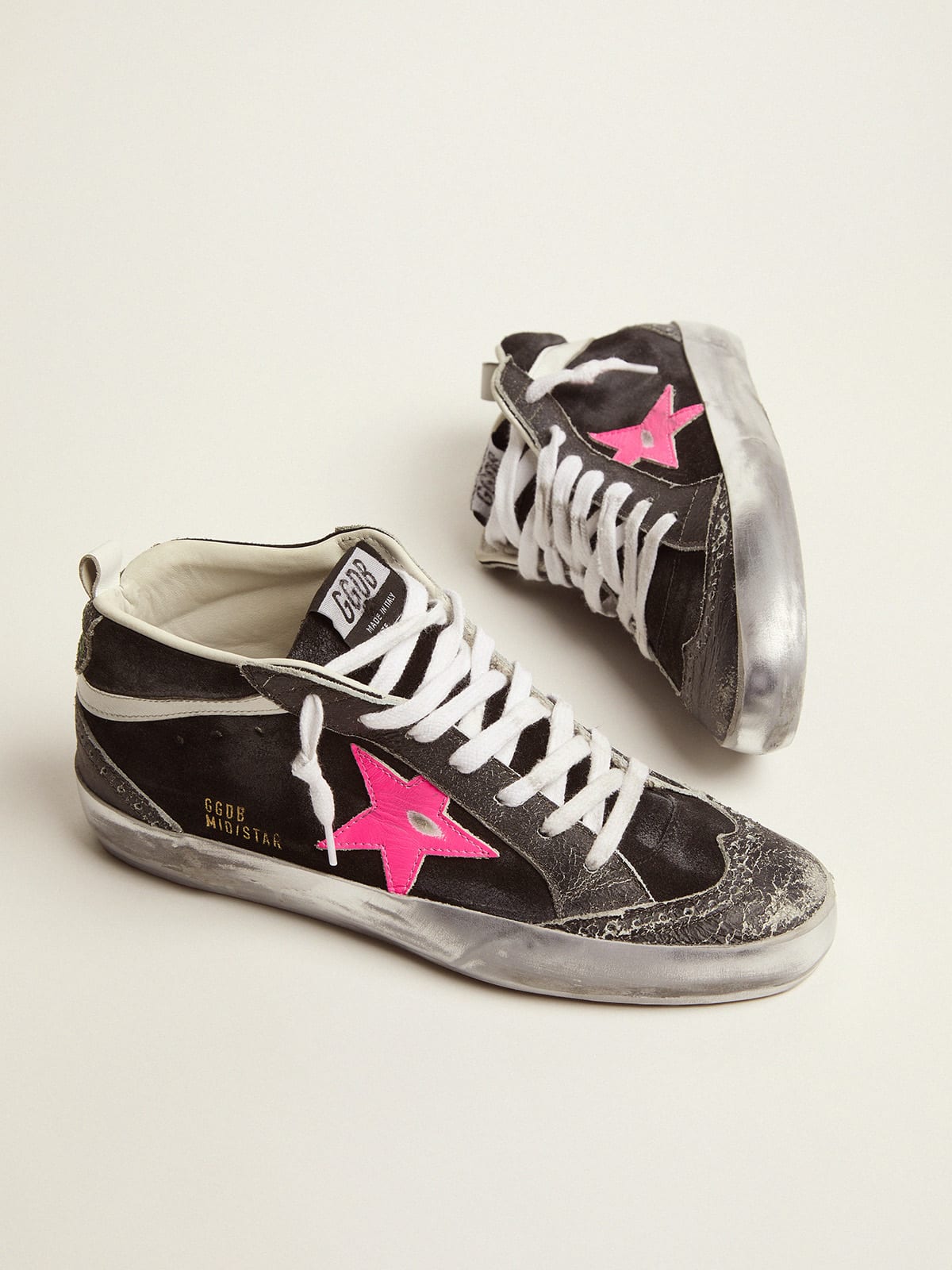 Mid Star sneakers in black suede with crackle leather details