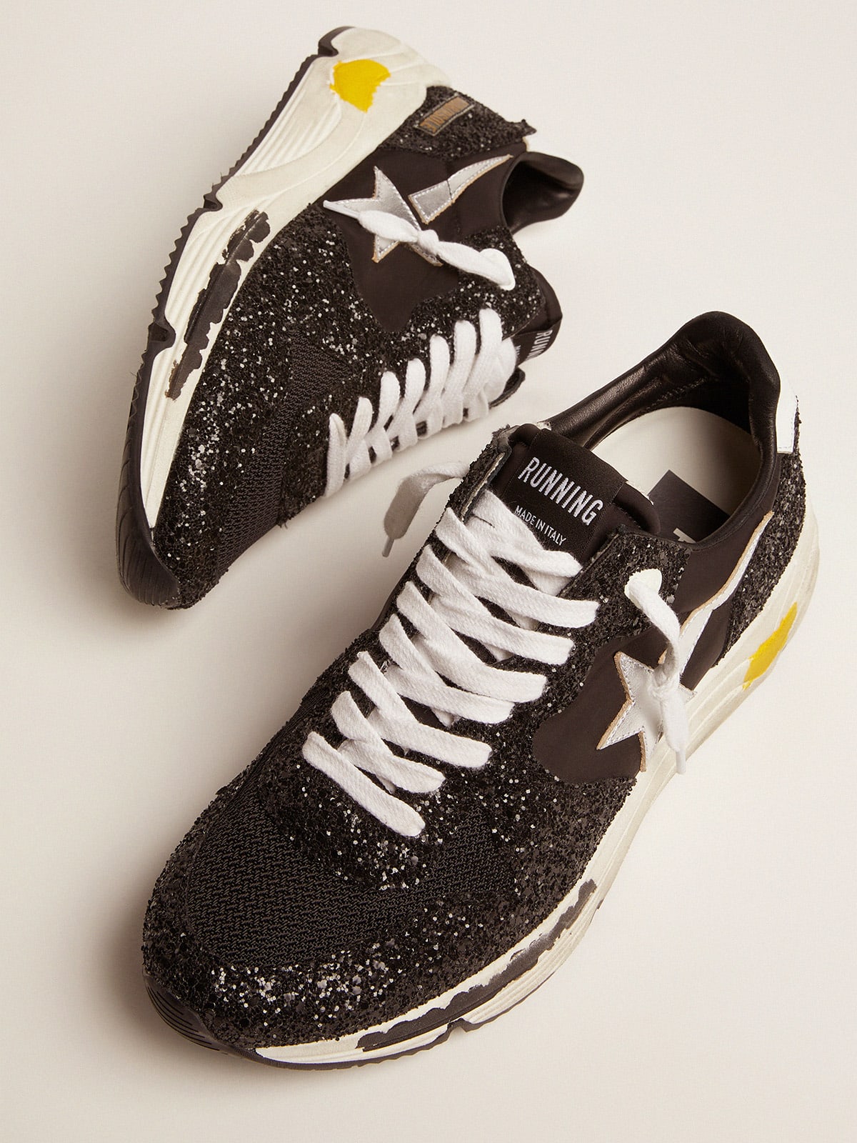 Running Sole sneakers in black nylon and glitter with silver star | Golden  Goose