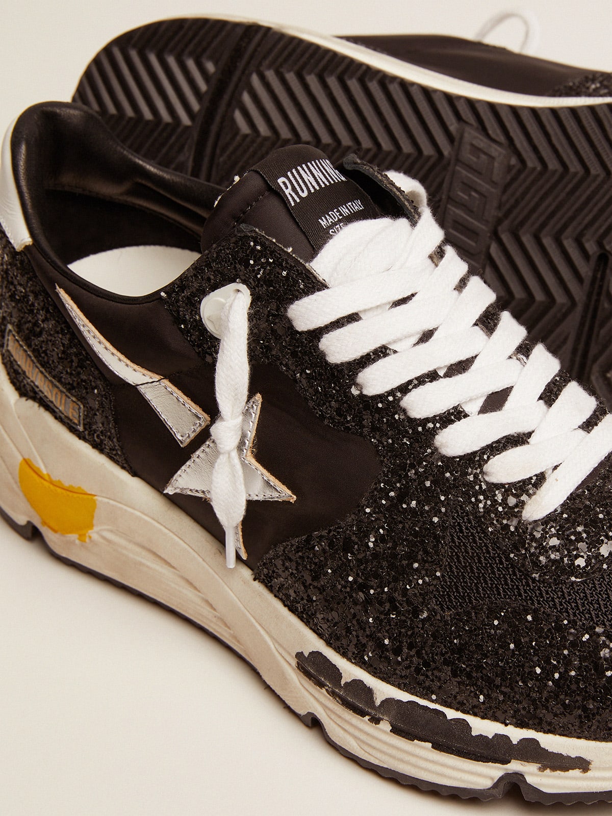 Running Sole sneakers in black nylon and glitter with silver star | Golden  Goose