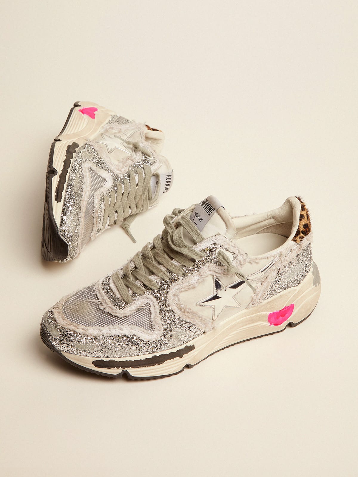 Running Sole sneakers in nylon and glitter with leopard-print pony skin  heel tab | Golden Goose