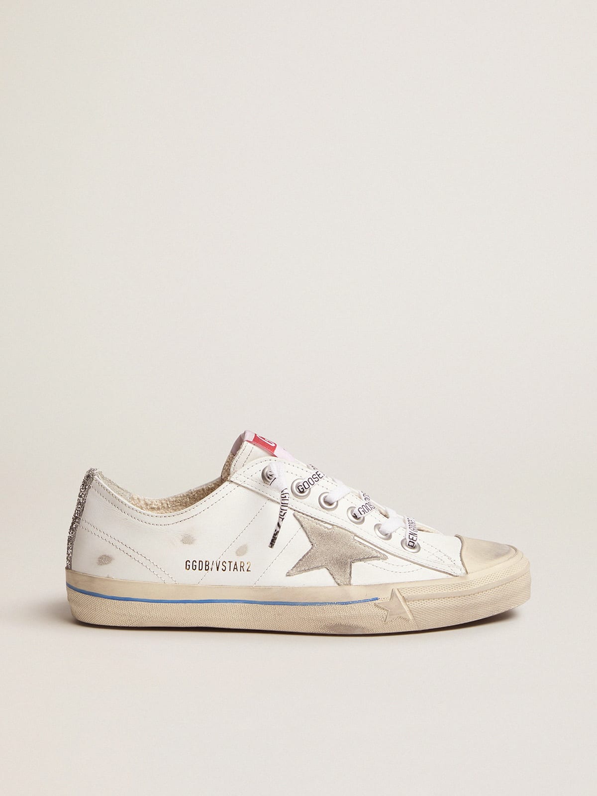 White leather V-Star sneakers with glittery vertical strip | Golden Goose