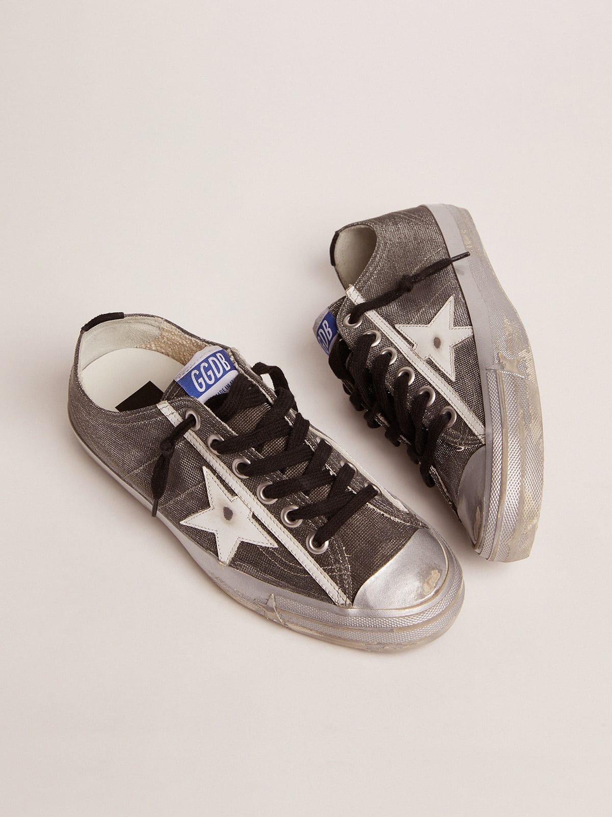 Dark gray V-Star LTD sneakers with checkered pattern and white star |  Golden Goose