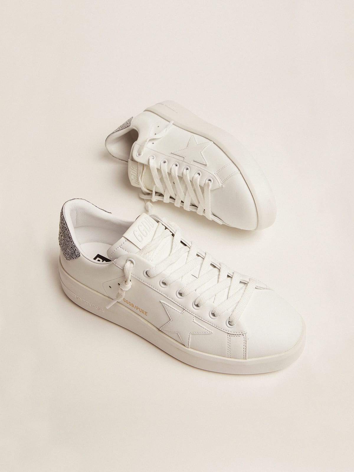 Golden Goose - Purestar sneakers in white leather with silver Swarovski crystal heel tab in 